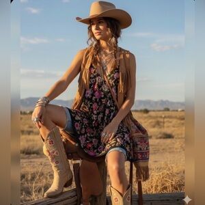 Free People Bohemian Floral Swing indie , hippie Dress Size medium  Flowy beauti